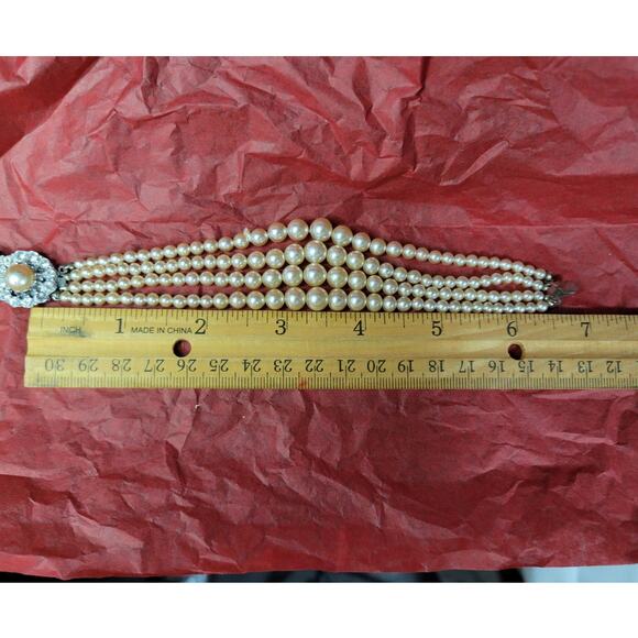 Vintage JAPAN 4 Strand Faux Pearl Bracelet  6.5" Long Costume Jewelry - Picture 6 of 10